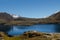 Deep blue color of Lulusar Lake against snow capped mountain range, Pakistan.