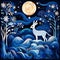 a deep blue night sky with magical rabbit and larhe horned reindeer in style of matisse