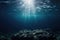 Deep blue ocean floor with reefs. Empty ocean bottom. Sun rays shining through the water surface. Deep blue and teal.