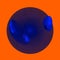 Deep blue transparent sphere with amorphous shapes or forms inside itself over vivid orange background.