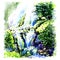 Deep forest beautiful waterfall, watercolor painting