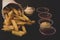 Deep French fries with several tasty sauces, deep fried Homemade Baked potato chips with several tasty sauces. Ketchup, mustard,