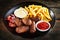 Deep fried cevapcici patties with French fries