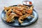 Deep fried little swimming crab and shrimp with flour on plate dipping sweet sauce