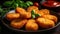 Deep fried mozzarella balls and breaded fish make savory appetizers generated by AI