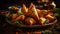 Deep fried samosas and dumplings, gourmet appetizer generated by AI