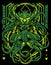 Deep Green light colour Cybernetic octopus monster with vintage sacred geometry background