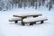 A deep, heavy layer of untouched, fresh, fluffy white snow covers the picnic tables and benches in the nature park