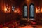 This deep red church interior has a religious and ominous feel, almost cultist in it`s presentation. Blue stained glass windows