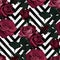 Deep red roses vector seamless pattern. Dark flowers on black and white chevron background, flowered texture