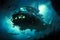 Deep sea aquatic sci-fi submarine in underwater scenery
