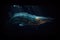 deep-sea creature swimming through bioluminescent seascape, its shimmering scales shining in the darkness