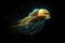 deep-sea creature swimming through bioluminescent waters, with streaks of light shining behind it