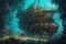 deep sea diver exploring a wreck illustration generative ai
