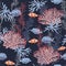 Deep Sea Underwater Corals and Fishes Seamless Pattern