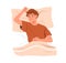 Deep sleep of person in bed, top view. Boy asleep, lying on soft pillow under duvet. Teenager sleeper in sleepwear