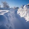 Deep snow drifts town alley path fence
