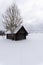 Deep snow, where you can see some trees and an old abandoned wooden building