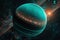 Deep space planets in light of teal and red star. Beautiful cosmic landscape. Science fiction.