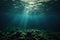 Deep transparent green and teal water reefs. Shallow tropical ocean. Sun rays shining through the water.