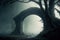 into the deep woods, evocative setting with arch and old trees, moody mist and fog