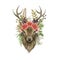Deer animal portrait with flowers. Watercolor illustration. Hand drawn stag front view. Forest beautiful deer head