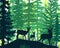 Deer with antlers, doe, fawn posing in magic misty forest. Silhouettes illustration.