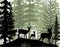 Deer with antlers, doe, fawn posing in magic misty forest. Silhouettes illustration.