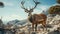 Deer with antlers standing on rocky hill. Generative AI.