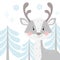 Deer baby winter print. Cute animal in snowy forest christmas card.