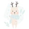 Deer baby winter print. Cute animal in warm scarf christmas card.