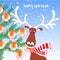 Deer cartoons animal on blue, christmas tree, Happy New Year congratulation card for web, for print art design