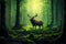 deer in a dreamy green forest scene