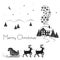 Deer driven sledge of Santa Claus with gifts, black silhouette on white snow, vector illustration