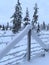 Deer farm, snow-covered ski road, thick layer of snow on wires, fence, trees, Levi ski resort, tourism, beautiful landscape,