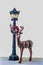 Deer figurine standing by retro Christmas lampost with wreath in front of white background - Room for copy