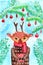 Deer with gift chritmas watercolor illustration fir tree decorations
