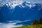 Deer grazing on meadow with mountain landscape at Hurricane Ridge