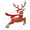 Deer in a hat and scarf runs on a white background. Christmas character