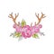 Deer horns with pink rose flowers, hand drawn floral composition with antlers vector Illustration on a white background