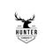 Deer hunter logo, badge, emblem, label design template. vector illustration of deer head silhouette and arrow. hunter club