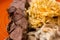 Deer meat, champignon sauce and pasta rice