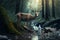 Deer near the water stream in forest polluted with garbage. Pollution concept. Generative AI