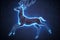 Deer outline made of energy lines between small light particles, pixels. Animistic symbol of organic connectivity using binary