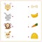 Deer, rabbit, monkey and dog with their food (bone, banana, carr