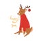 Deer in red Christmas comfortable cozy sweater and sign with happy new year