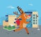 Deer Running to School with Books. Reindeer Vector