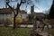 The deer sculpture looking at Schonborn palace in Mukachevo, Ukraine