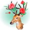 Deer silhouette with horns made of flowers on the green background. Red roses on the horns. March, summer, spring