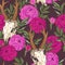 Deer skull and pink peony seamless pattern